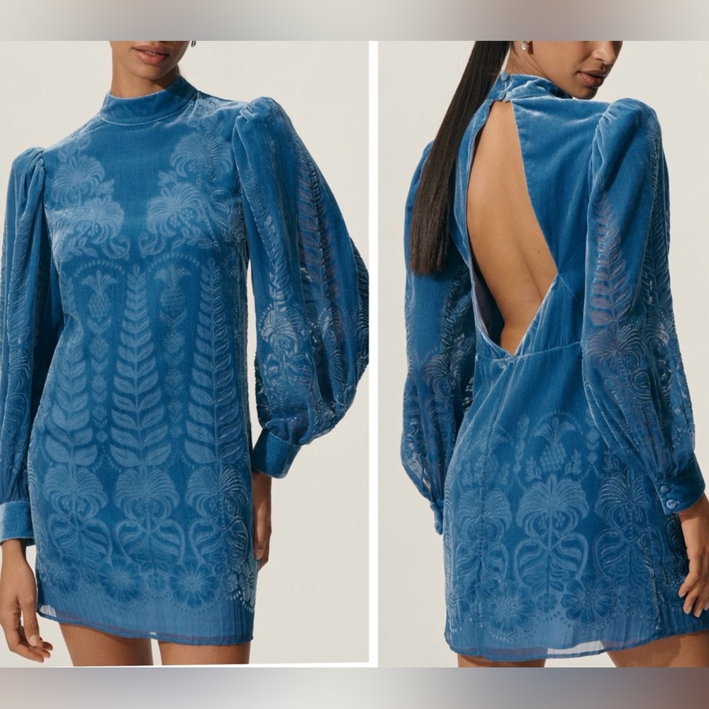 Farm Rio Puft-Sleeve Open-Back Velvet Mini Dress, Size XL